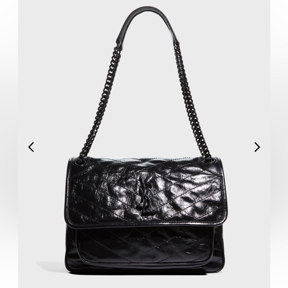 Saint Laurent Niki Medium Crinkled Calfskin Leather Bag with Blackened Hardware